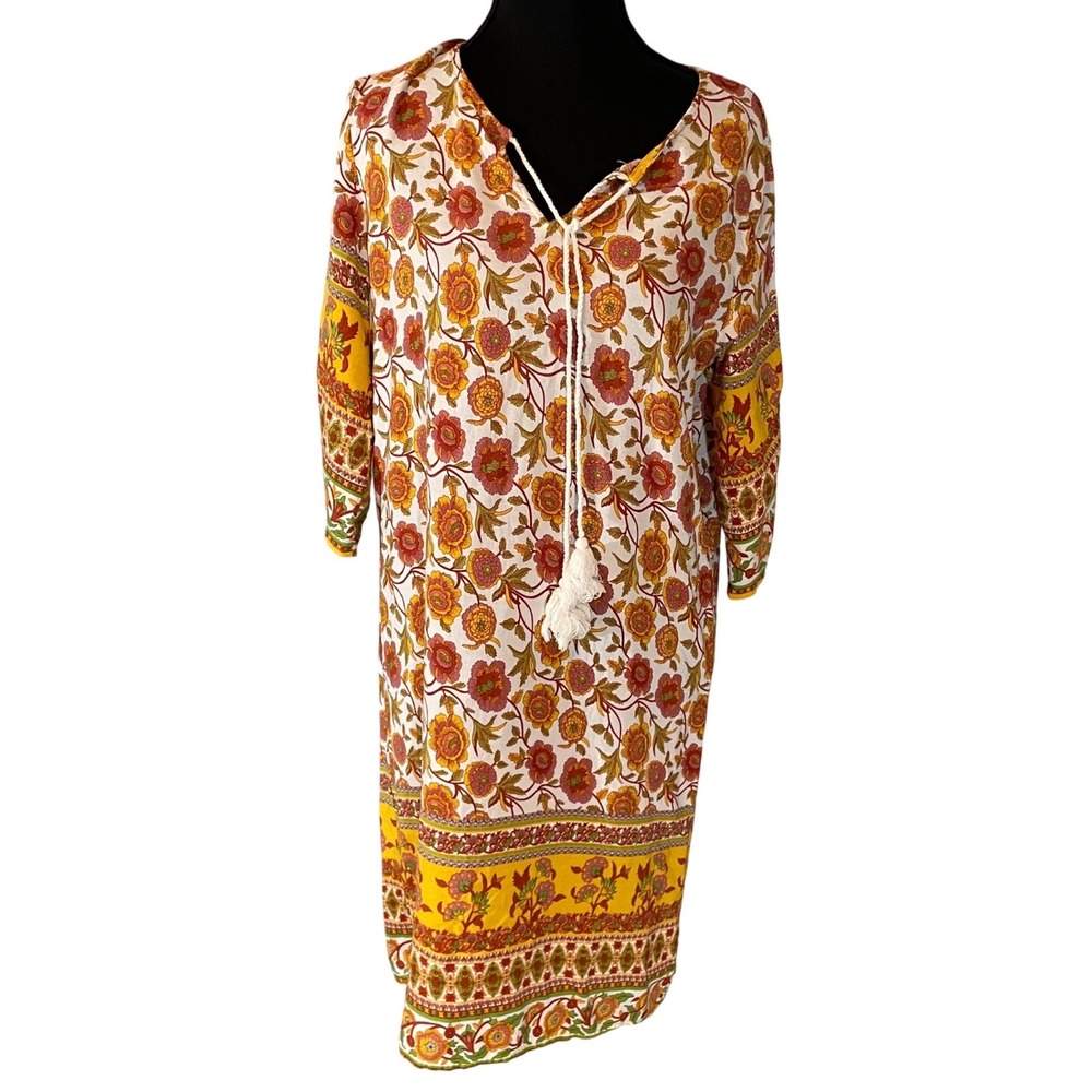 Halife Floral‎ Print Tassel Tie V Neck Midi lightweight Dress Women Size M Boho